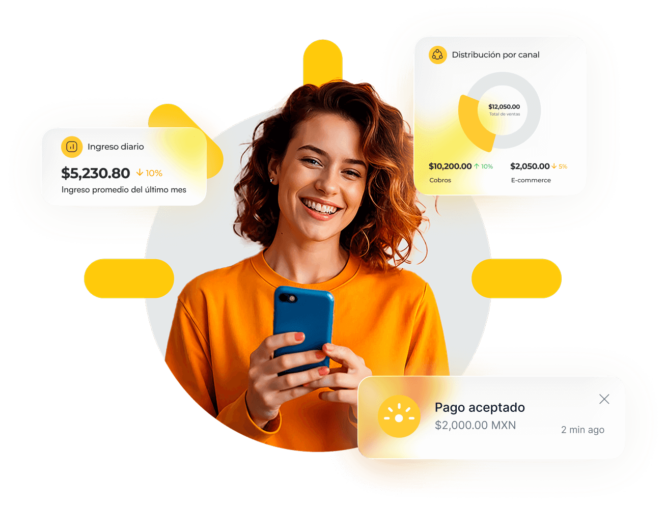 Mujer sonriendo y usando su tarjeta de débito/crédito.